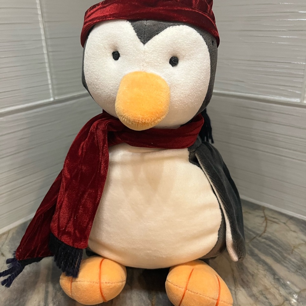 Vintage Yang Jee Penguin Red Scarf Hat Winter Plush Stuffed KOREA Animal